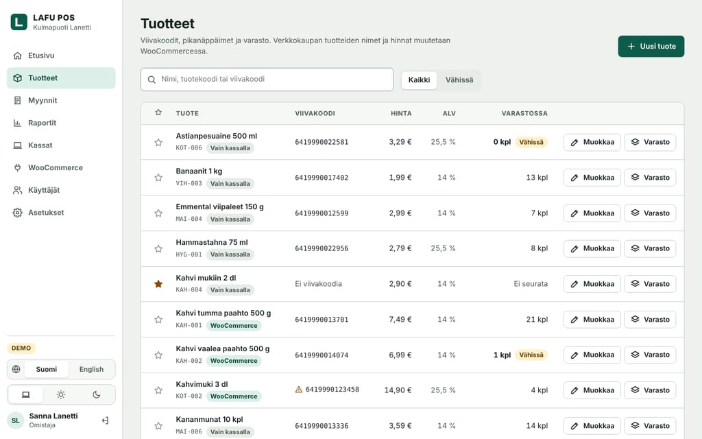 The dashboard's product list: barcodes, prices, VAT rates and stock levels. Products from the web store carry a WooCommerce tag. Shown in Finnish.