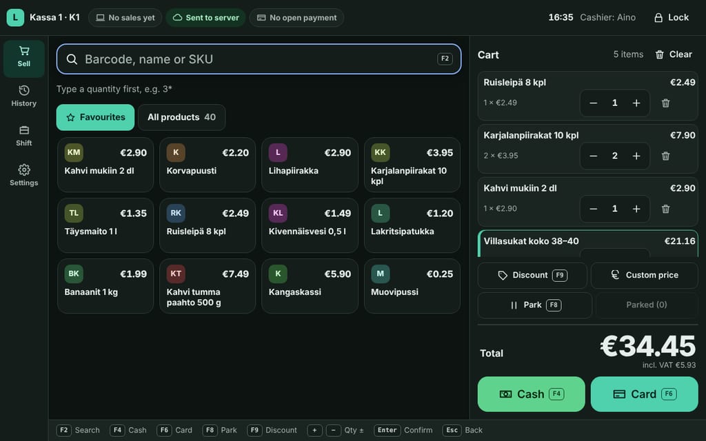 The LAFU POS till: five items in the cart, a total of €34.45, quick picks for products and large buttons for cash and card.